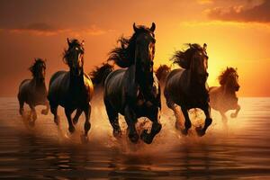 manada de negro caballos Galopando en el playa a puesta de sol foto