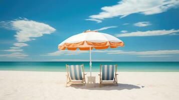 Beach chairs and umbrella on a white sandy beach. Generative AI photo