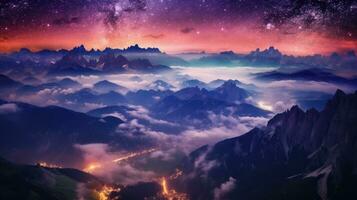 Landscape with alpine mountain valley and starry sky, Dolomites, Italy. Generative AI photo