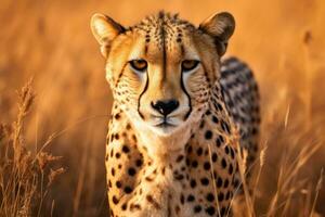 Cheetah, Acinonyx jubatus stands in long grass in savannah. Generative AI photo