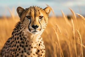 guepardo, acinonyx jubatus soportes en largo césped en sabana. foto