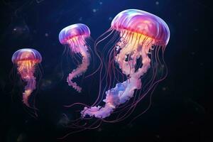 Glowing jellyfish in the sea. Generative AI photo