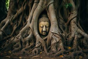 Ancient buddha statue under big tree. Generative AI photo