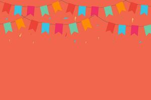 Flate design of celebrate horizontal orange banner composed with party flags with confetti. Vector illustration.