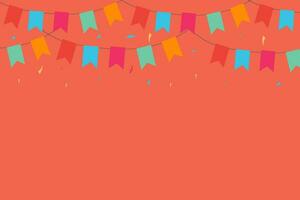 Flate design of celebrate horizontal orange banner composed with party flags with confetti. Vector illustration.