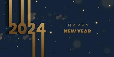 2024 happy new year with gold brown color on blue and grey background witrh light bokeh. 2024 new year design template. vector