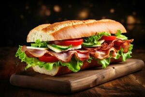 Sandwich with prosciutto, tomato and salad on a wooden rustic background. photo