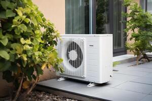 Air source heat pump installed in residential building. photo