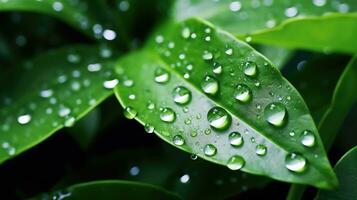 Leaves with waterdrops. Drops of transparent rain water on leaves macro. Generative AI photo