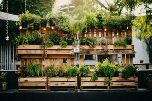 Recycled pallets with hanging plants creating a vertical garden photo