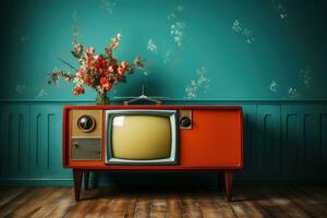 Vintage TV against the wall. Retro style. Generative AI photo