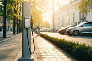 Fast electric vehicle chargers for charging car in park, digital ai. photo