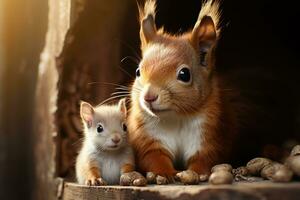 Red squirrel with baby in the forest photo