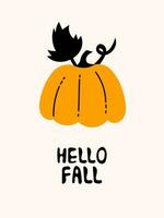 Hola otoño saludo tarjeta con calabaza y letras vector