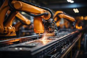 Robotic arm for electronic assembly line. Smart modern factory automation using advanced machines. photo