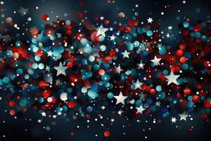 Background of red, white, and blue sparkling glitter scattered with shiny stars confetti. 4th of July celebration background. photo