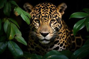 cabeza de un jaguar entre el hojas en el selva, panthera onca. foto