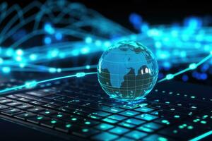 Glass global with network on keyboard and web fiber optic photo