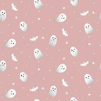Vector - Abstract seamless pattern of many cute white ghost flying with bat and hearts on pink background. Halloween