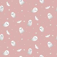 Vector - Abstract seamless pattern of many cute white ghost flying with bat and hearts on pink background. Halloween