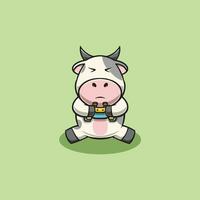 Cute baby cow playing games cartoon illustration vector