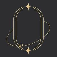 Golden celestial frame, border, arch line art esoteric minimal decoration with sparkles isolated on dark background. Vector illustration