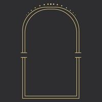 Golden celestial frame, border, arch line art esoteric minimal decoration with sparkles isolated on dark background. Vector illustration