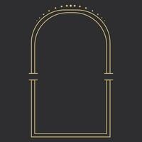 Golden celestial frame, border, arch line art esoteric minimal decoration with sparkles isolated on dark background. Vector illustration