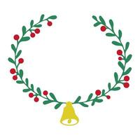 Christmas greenery garland, circle frame with bow, berries,leaves in doodle style isolated on white background. Simple hand drawn winter decoration. Vector illustration
