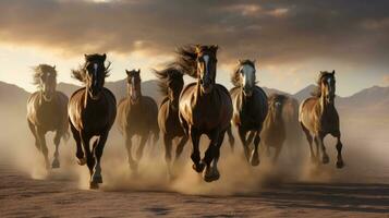 grupo de caballos corriendo galope en el desierto. generativo ai foto