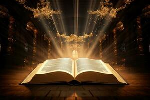 Open holy bible book with glowing lights in church photo