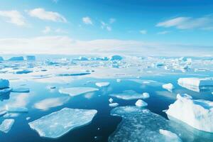 Ice sheets melting in the arctic ocean or waters. Global warming and climate change. Generative AI photo