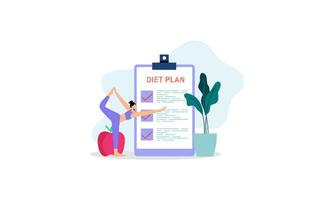 dieta plan Lista de Verificación ilustración. personas haciendo ejercicio, formación y planificación dieta con Fruta y vegetal. vector