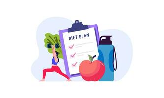 dieta plan Lista de Verificación ilustración. personas haciendo ejercicio, formación y planificación dieta con Fruta y vegetal. vector