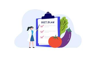 dieta plan Lista de Verificación ilustración. personas haciendo ejercicio, formación y planificación dieta con Fruta y vegetal. vector