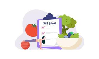 dieta plan Lista de Verificación ilustración. personas haciendo ejercicio, formación y planificación dieta con Fruta y vegetal. vector