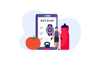 Diet plan checklist illustration. People doing exercise, training and planning diet with fruit and vegetable. vector