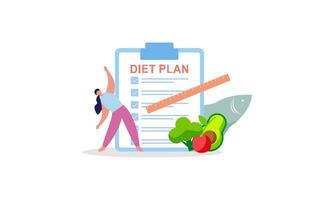 Diet plan checklist illustration. People doing exercise, training and planning diet with fruit and vegetable. vector