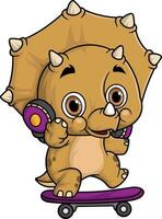 Cartoon funny little triceratops playing skateboard vector
