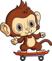 linda pequeño mono jugando patineta vector