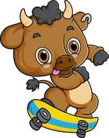 Cartoon little buffalo playing skateboard on white background vector