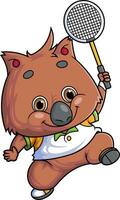 dibujos animados linda quokka personaje jugando bádminton en blanco antecedentes vector