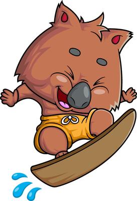 cartoon cute quokka character surfing on white background