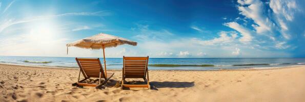 Beach chairs and umbrella on a white sandy beach. Generative AI photo