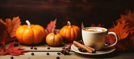 jarra de café y otoño hojas con naranja calabaza en de madera mesa. otoño bebida concepto. foto