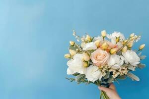 Wedding bouquet in hand on blue background. Generative AI photo