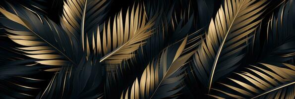 Gold and gray tropical palm leaves on a black background. Luxury nature background. photo