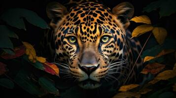 Head of a jaguar among the leaves in the jungle, Panthera onca. Generative AI photo