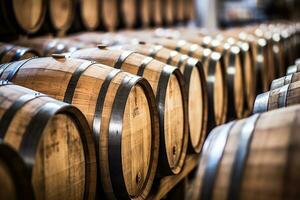 Wooden oak Port barrels in neat rows photo