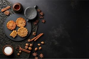 Moon cakes on black slate table with tea. Autumn Festival photo